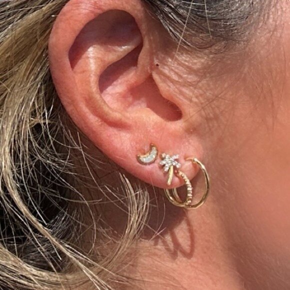 Double Huggie Earrings Gold Pave Hoop Earrings Hypoallergenic Jewelry PRETTY - Picture 8 of 12